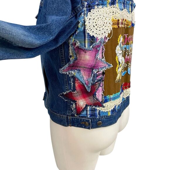 Upcycled Denim Jacket Womens Sz Large Christian Coffee Grunge Patchwork Folk Art - Picture 11 of 16